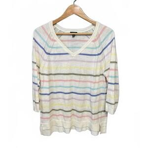 Talbots Pastel Rainbow Striped Sweater – 100% Cotton Knit V-Neck 3/4 Sleeve